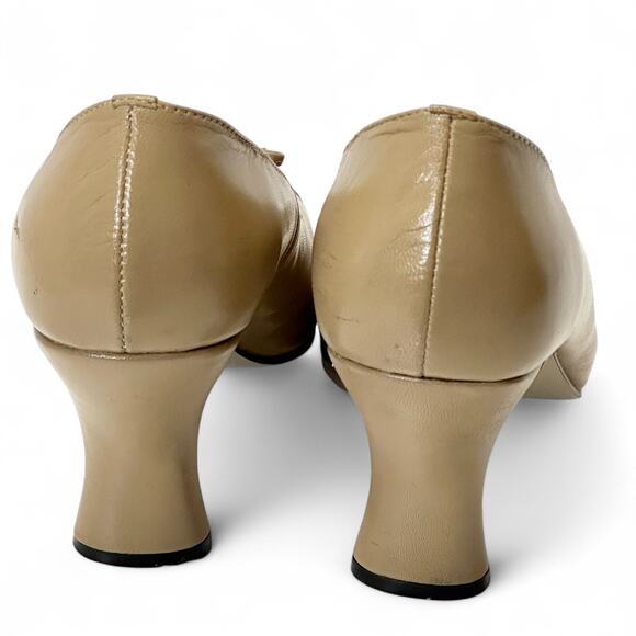 Ann Kristal Leather Pumps 5.5M Camel Tan Bow Square Toe Block Heel Y2K Eulalia - Picture 6 of 11